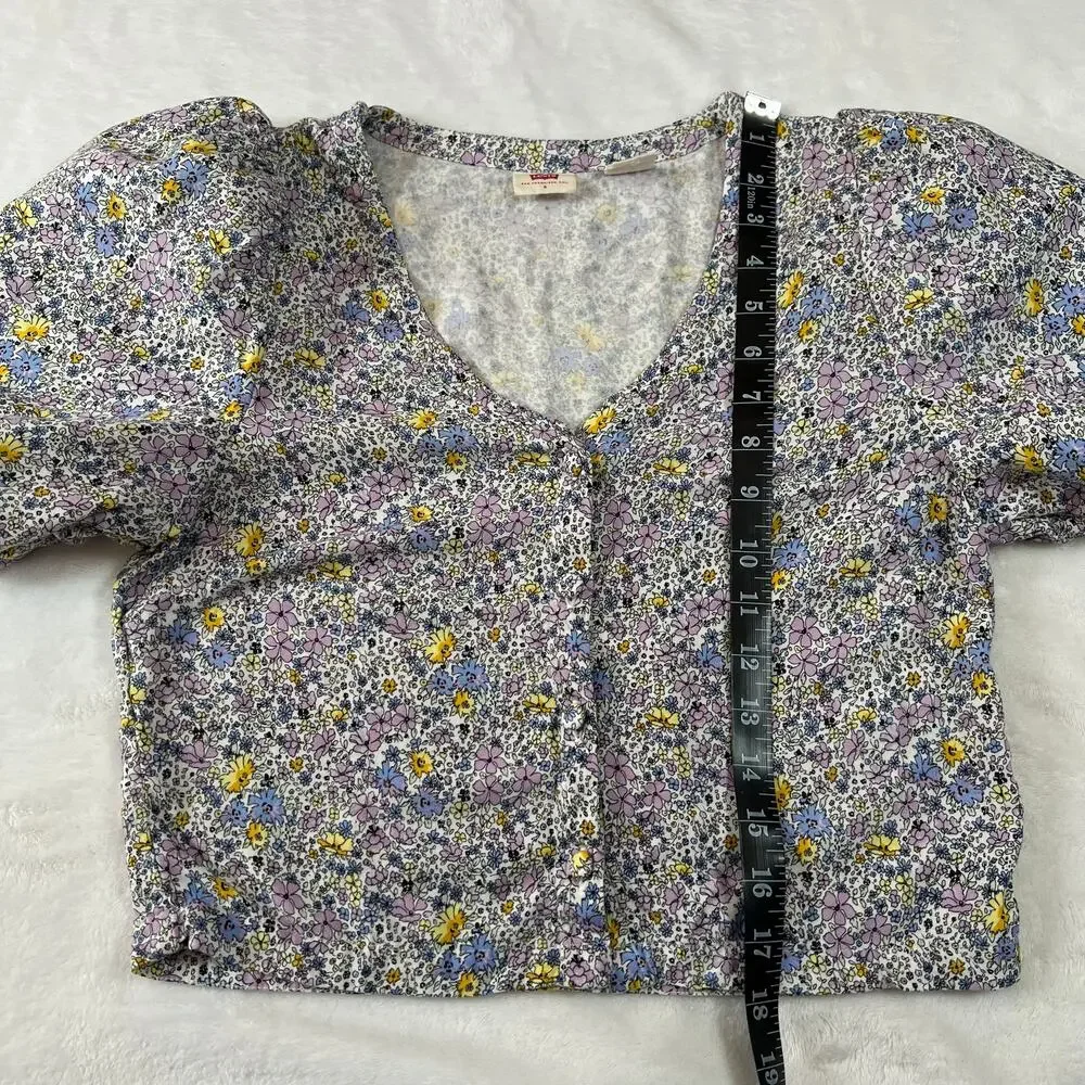Levi's V-Neck Ditzy Floral Print Crop Button Up Blouse Size S Puff Sleeve Boxy